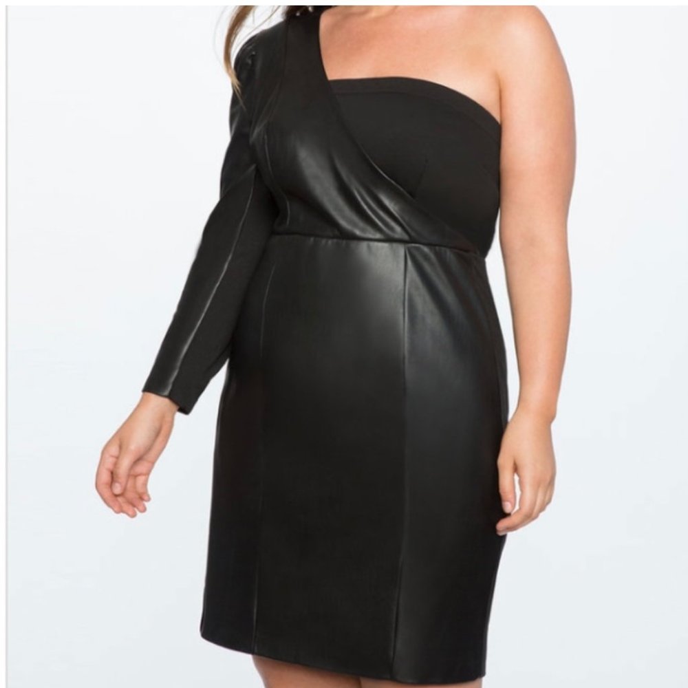 One-Shoulder Puff Sleeve Faux Leather Dress